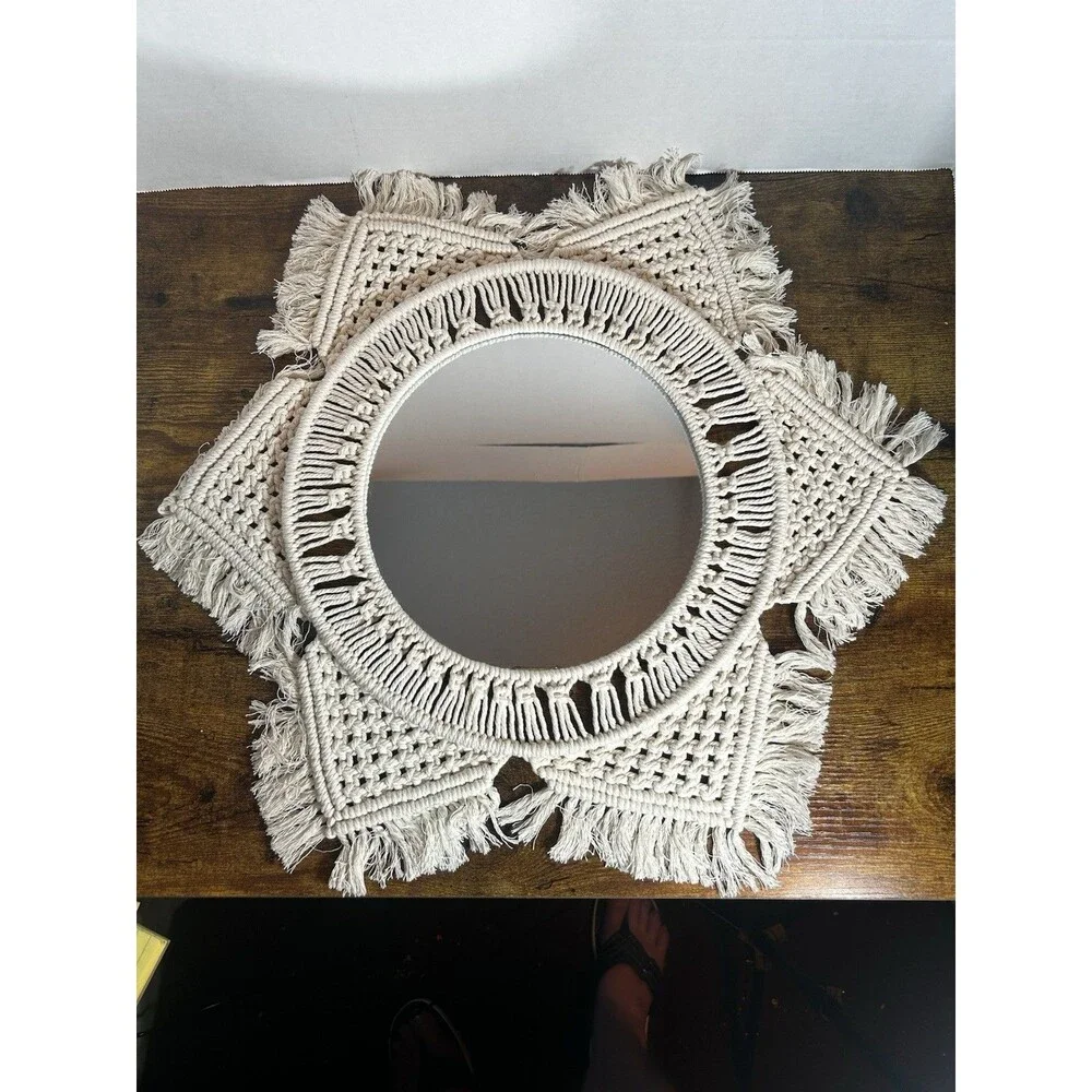 Boho Macrame Wall Mirror Round Fringe Woven Cotton Decor 20” Handmade Chic Home